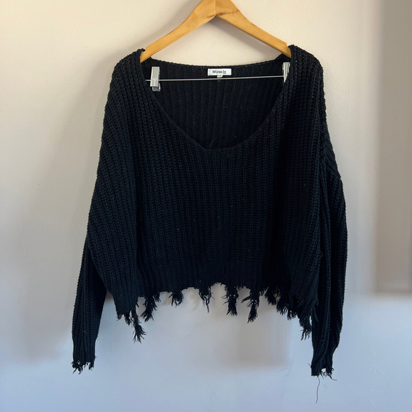 Miracle | Black Distressed Knit Crop Top - Picture 1 of 3